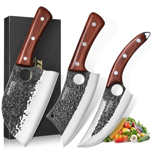 Topfeel 3-Piece Butcher Knife Set w/ 7" Serbian Chef Knife, 7" Butcher Meat Cleaver & 6.5" Viking Knife