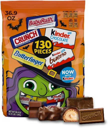 Butterfinger, CRUNCH, Baby Ruth, 100 Grand, Kinder Bueno, Kinder Chocolate Halloween Candy (130 Minis)
