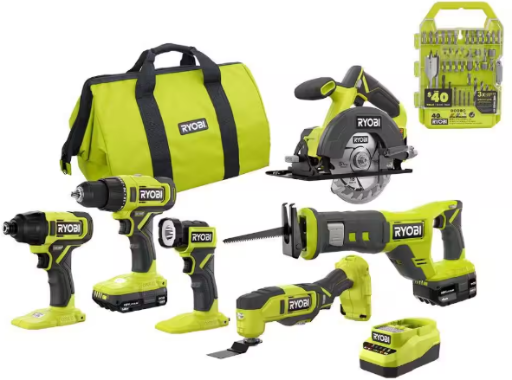 RYOBI ONE+ 18V Cordless 6-Tool Combo Kit with 40-Piece Drill & Impact Drive Kit