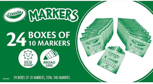 Crayola Water-Based Markers, Broad Line, Assorted Colors, 10 Markers/Box, 24 Boxes/Carton Deal