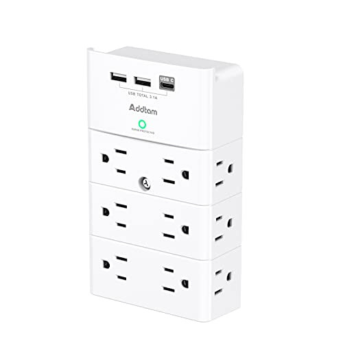 Addtam Surge Protector Wall Mount with 12 Outlet Extender and 3 USB Ports (1 USB-C)