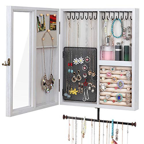 Keebofly Wall Mounted Jewelry Organizer With Rustic Wood Large Space Jewelry Cabinet