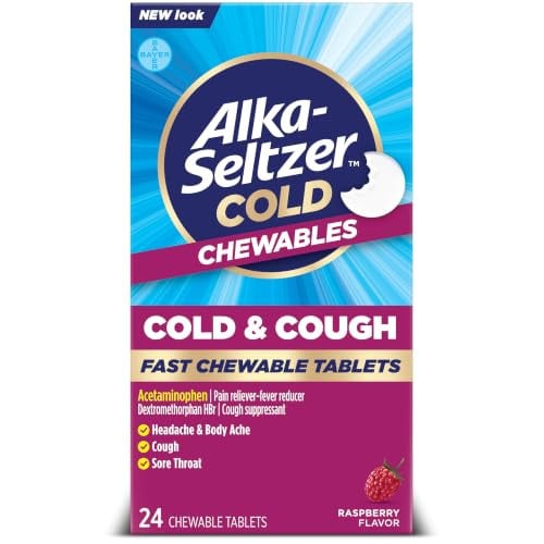 Alka-Seltzer Cold, Cold & Cough Fast Chewable Tablets Raspberry Flavor 24 Count
