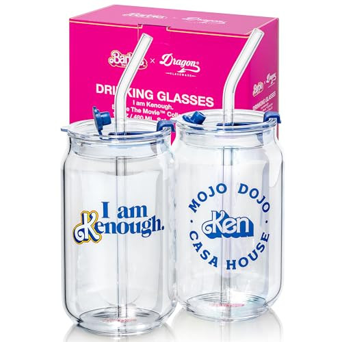 Dragon Glassware x Barbie The Movie 16 oz Glass Cups with Lids and Straws, Set of 2