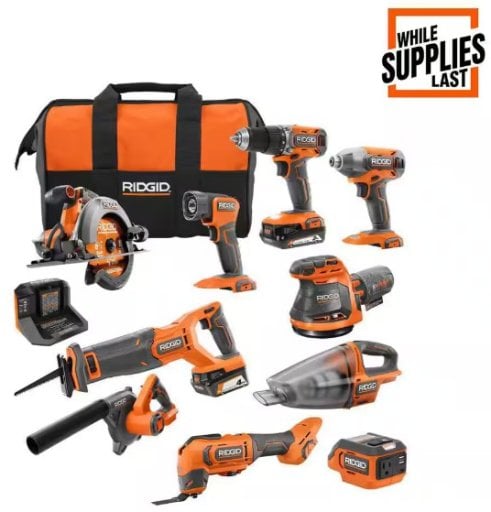 RIDGID 18V Cordless 10-Tool Combo Kit with (1)2 Ah Battery, (1)4 Ah Battery