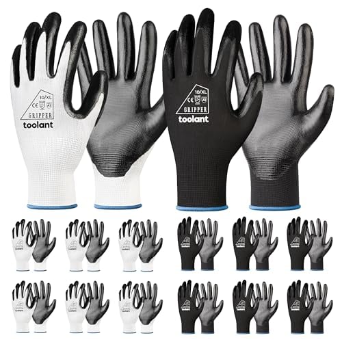 toolant 12-Pair Nitrile Coated Work Gloves (White & Black)