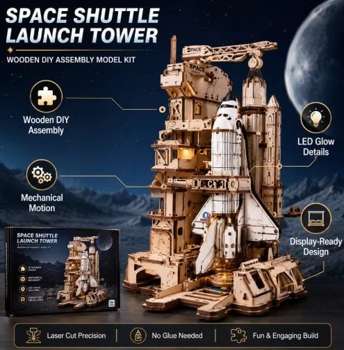 ROKR 1:420 Scale Space Shuttle Launch Tower 3D Wooden DIY Mechanical Model Kit with LED Deal