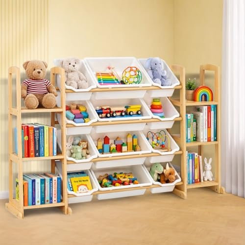 Wooden Toy Organizer with 12 Toy Bins & 6 Tier Bookcase, 52.3″ W Deal