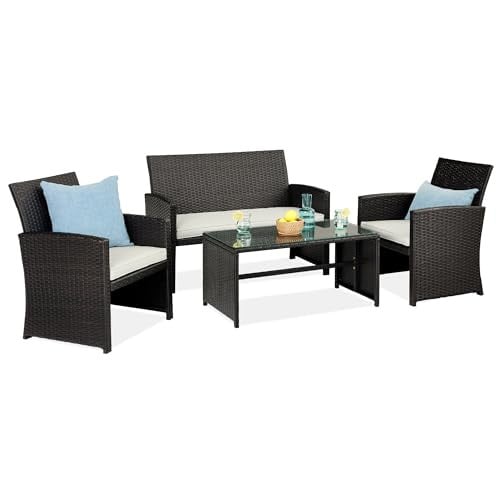 4-Piece Outdoor Wicker Patio Conversation Furniture Set w/ Coffee Table & Seat Cushions (Black/White Sand)