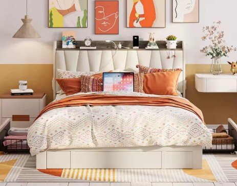 Bed Frame with 3 Drawers, Upholstered Platform Bed with Storage Headboard