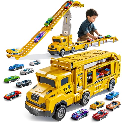 Transport Truck Toy with 12 Die-Cast Cars & Double Race Ramp Track Deal