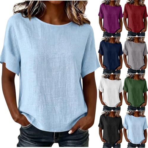 3/4 Sleeve Round Neck Linen Shirts Deal