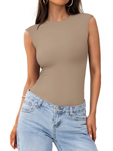 PINKMSTYLE Crew Neck Sleeveless Bodysuit Double Lined