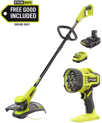 RYOBI ONE+ 18V 13 in. Cordless Battery String Trimmer with 2.0 Ah Battery and Charger Deal
