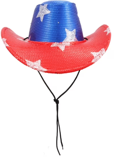 Light-Up Sequin Cowboy Hat, Red/White/Blue, One Size