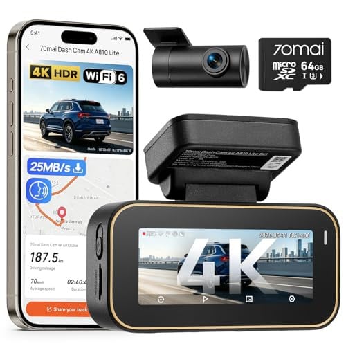 70mai A810 Lite 4K Front & 1080P Rear Dash Cam w/ 5GHz Wi-Fi 6, GPS & 24-Hour Parking Mode