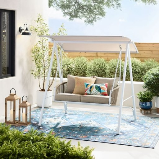 Mainstays Lawson Ridge 2-Seat Steel Outdoor Freestanding Porch Swing with Canopy and Cushions