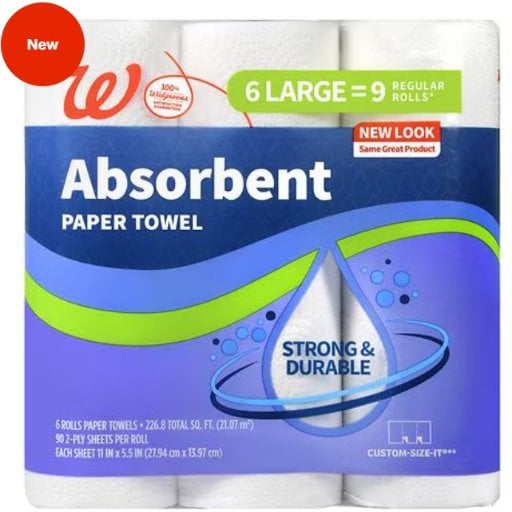 Walgreens Absorbent Paper Towels 6-Pack (9 Rolls)
