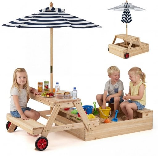 Costway 2-in-1 Wooden Sandbox w/ Foldable Umbrella & Convertible Picnic Table Deal