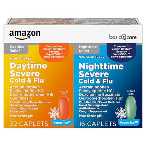 Amazon Basic Care Daytime and Nighttime Severe Cold and Flu Caplets 48-Count (32-Count Daytime, 16-Count Nighttime) Deal