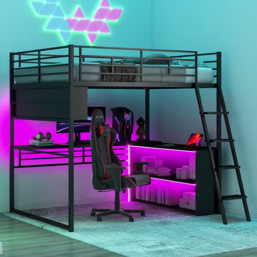 Euroco Full Size Metal Loft Gaming Bed w/ Desk & LED Light (Black)