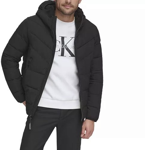 Calvin Klein Men's Chevron Stretch Jacket with Sherpa-Lined Hood