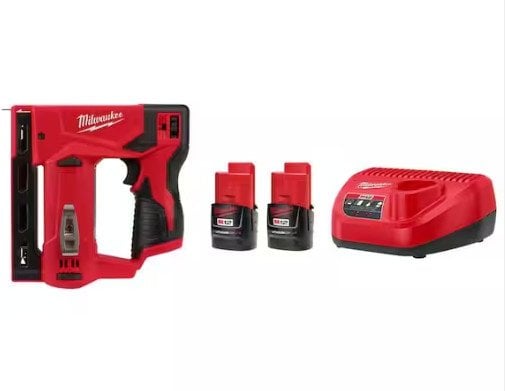 Milwaukee M12 12-Volt Lithium-Ion Cordless 3/8 in. Crown Stapler with M12 Compact 2.0 Ah Battery (2-Pack) Starter Kit and Charger Deal
