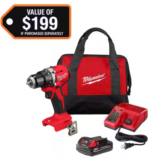 Milwaukee M18 18V Brushless Cordless 1/2" Compact Drill Driver with Battery, Charger & Tool Bag
