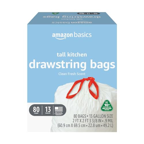 Amazon Basics 13 Gallon Tall Kitchen Drawstring Trash Bags, Clean Fresh Scent, 80 Count
