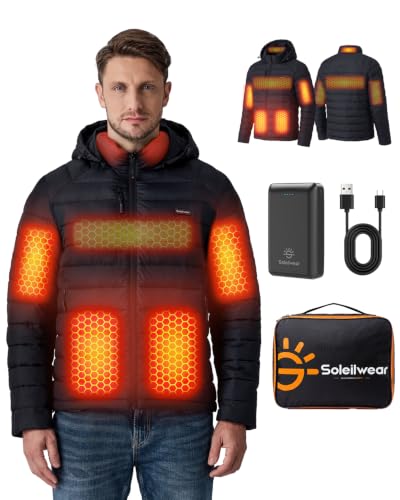 Soleilwear Men's Graphene Heated Puffer Jacket with 6 Heating Zones and 16000mAh Battery