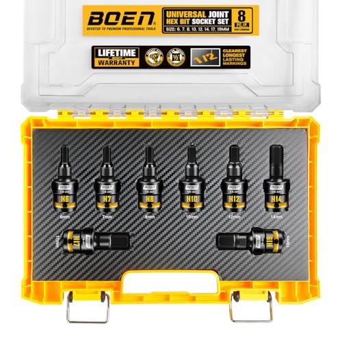 BOEN 8 Pcs 1/2" Drive Impact Hex Bit Set (6, 7, 8, 10, 12, 14, 17, 19mm) CR-MO Steel
