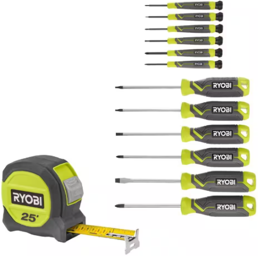 RYOBI 25 Ft. Compact Tape Measure with Screwdriver Set (12-Piece)