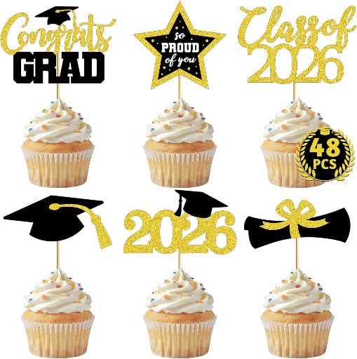48 PCS Graduation Cupcake Toppers, 6 Styles Deal