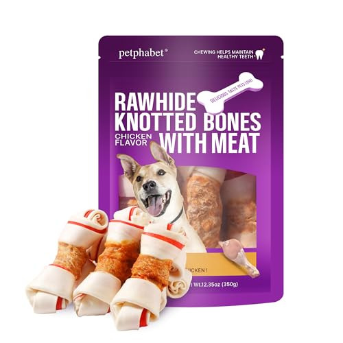 Petphabet Rawhide Knotted Bone Dog Chew Treats w/ Meat (Chicken Flavor, 5-Count)