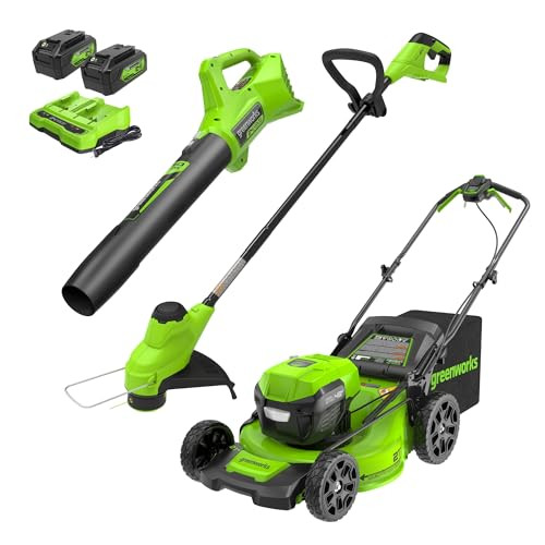 Greenworks 48V (24V x 2) 21" Mower + String Trimmer + Blower & Two Batteries