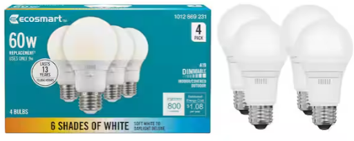 EcoSmart 60-Watt Equivalent A19 E26 Base Dimmable LED Light Bulb with Selectable Color Temperature (4-Pack) Deal