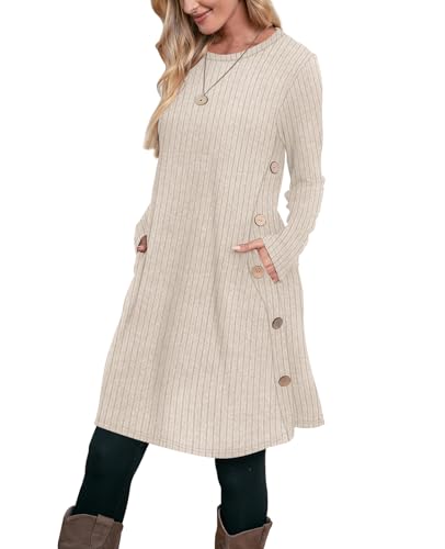 OFEEFAN Crew Neck Long Sleeve Dress with Pockets Deal