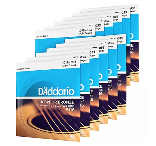 D'Addario EJ16-12P Phosphor Bronze Light Acoustic Guitar Strings, 12 Pack