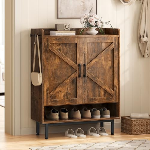 Yaheetech Shoe Storage Cabinet with Doors, Rustic Brown