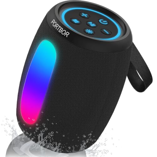 PORTBOR Portable Bluetooth 5.3 Wireless Speaker w/ IPX5 Waterproof & LED Light Modes