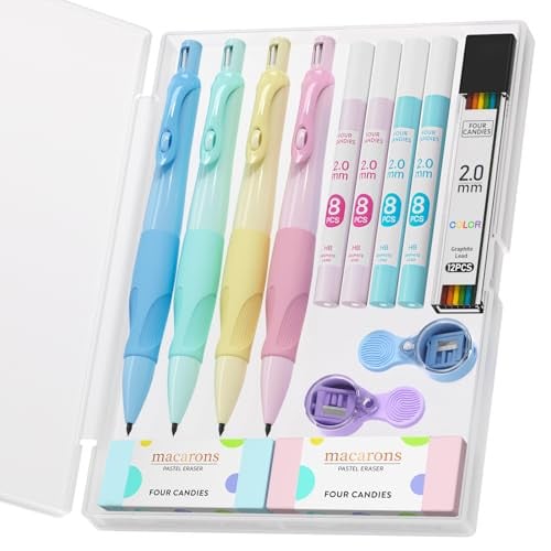 Four Candies 2.0mm Ergonomic Handwriting Mechanical Pencil Set (4-Piece, Pastel Macaron) Deal