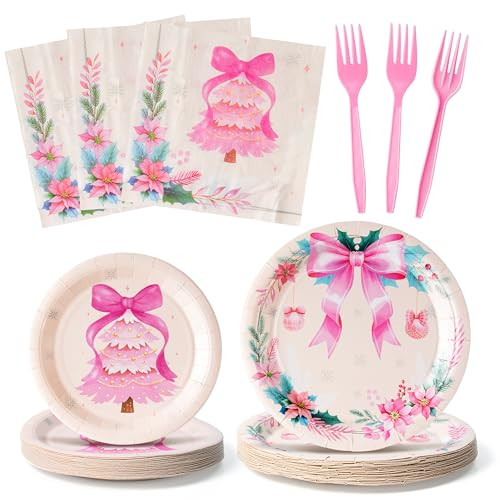 Christmas Coquette Pink Bow Xmas Tree Party Plate Supplies