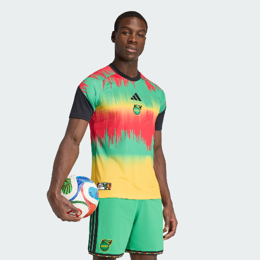 adidas Men's Jamaica 26 x Bob Marley Home Pre Match Jersey (Bold Gold/Vivid Green/Pure Ruby) Deal
