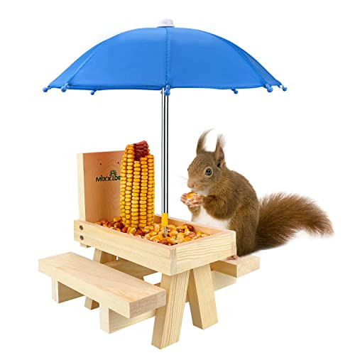 MIXXIDEA Wooden Squirrel Feeder Table w/ Umbrella & Corn Cob Holder