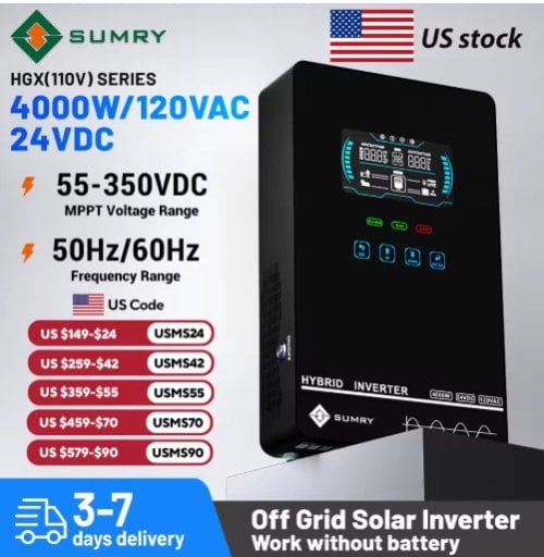 SUMRY 4KW 24V Off-Grid Solar Inverter 140A MPPT Pure Sine Wave