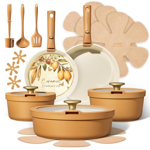 Carote Ceramic Cookware Set with Detachable Handles (Orange) 20-Piece