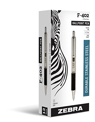 Zebra Pen F-402 Stainless Steel Ballpoint Ink Pens 12-Pack, Black Ink, 0.7mm Fine Point