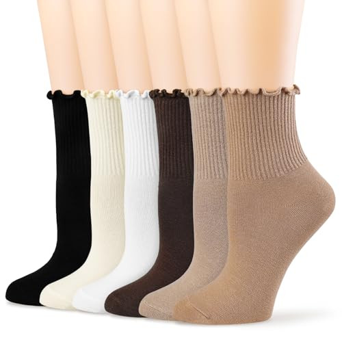 BIVOLU Women's Ruffle Cotton Frilly Trim Breathable Crew Ankle Socks 6-Pack