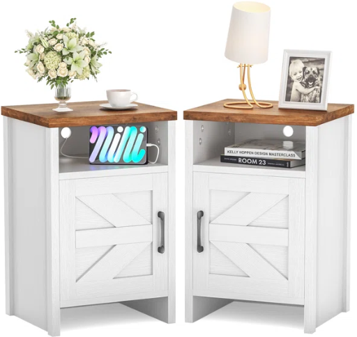 Gracie Oaks Farmhouse Nightstand Set of 2 with Storage Shelves