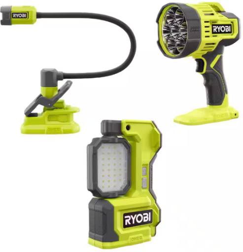 RYOBI ONE+ 18V Cordless Lighting Combo Kit with LED Magnetic Task Light, Spotlight & Clamp Light (Tools Only) Deal